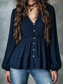 Freevana Women's Plus-Size Long-Sleeve Button-Down Shirt In Blue, Textured Fabric And Puff Sleeves-An Elegant, Casual Choice For Vacation Or Autumn/Winter Wear - Blue - View 9