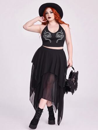 Goth Plus Size Snake Printed Sleeveless Halter Top, For Summer