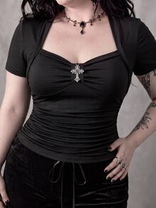 ROMWE Goth Sexy Square Neck Casual Versatile Black Elastic Cross Pendant 2 In 1 Plus Size T-Shirt - Black - View 1