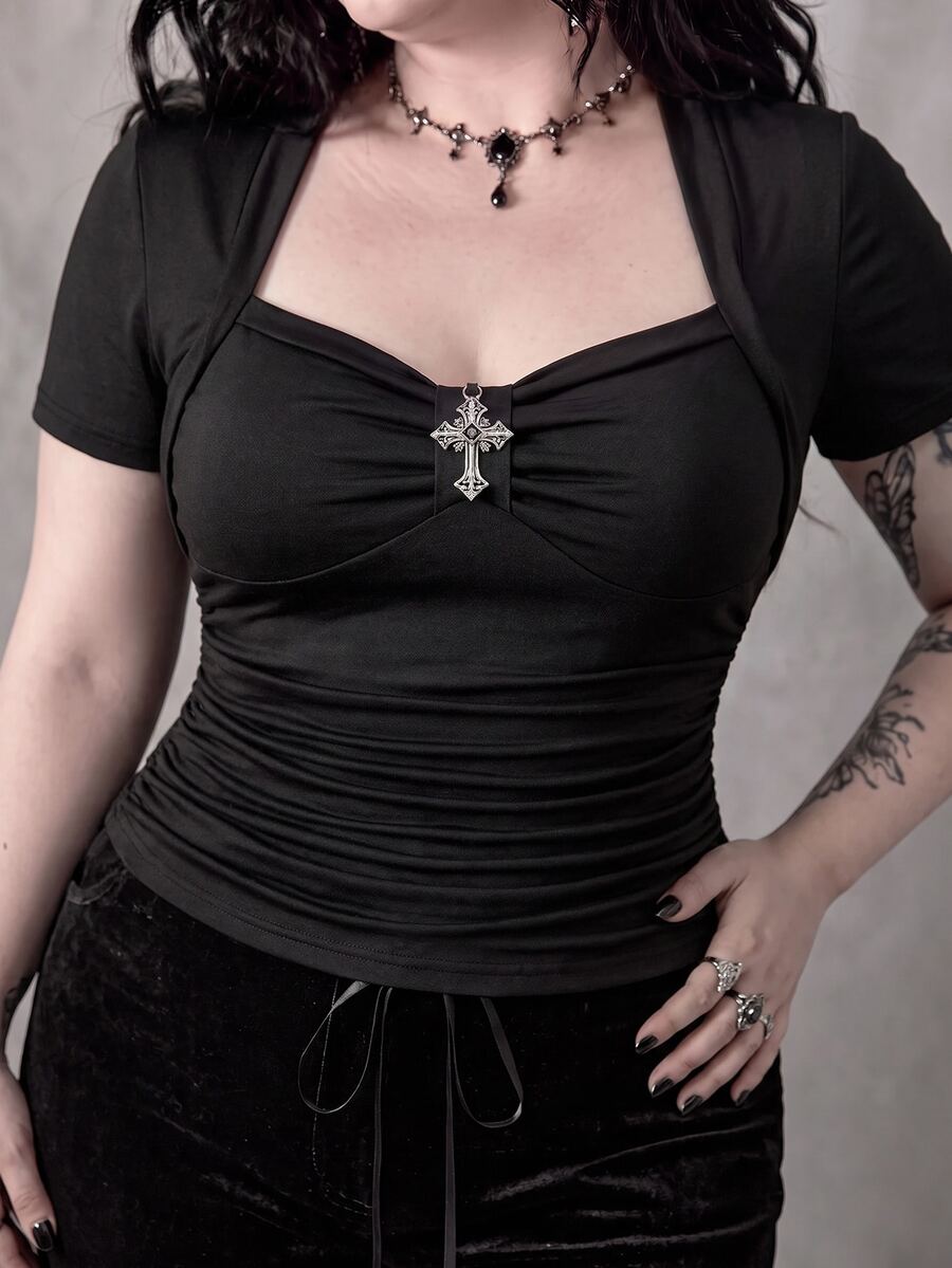 ROMWE Goth Sexy Square Neck Casual Versatile Black Elastic Cross Pendant 2 In 1 Plus Size T-Shirt - Black - View 1