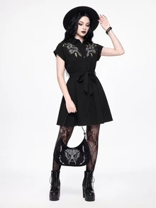 ROMWE Goth Women's Snake Print Butterfly, Star And Moon Pattern Short Sleeve Casual Shirt Dress, School - Black - View 1