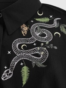 ROMWE Goth Women's Snake Print Butterfly, Star And Moon Pattern Short Sleeve Casual Shirt Dress, School - Black - View 4
