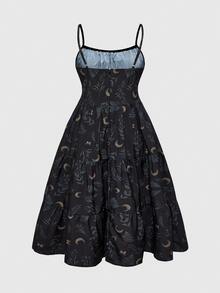ROMWE Goth Gaun Tanpa Lengan Motif Bulan Sabit & Tanaman Vintage Gaya Bohemian untuk Liburan Pantai Musim Semi/Panas Wanita Ukuran Besar - Hitam - View 2
