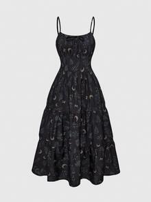 ROMWE Goth Gaun Tanpa Lengan Motif Bulan Sabit & Tanaman Vintage Gaya Bohemian untuk Liburan Pantai Musim Semi/Panas Wanita Ukuran Besar - Hitam - View 6