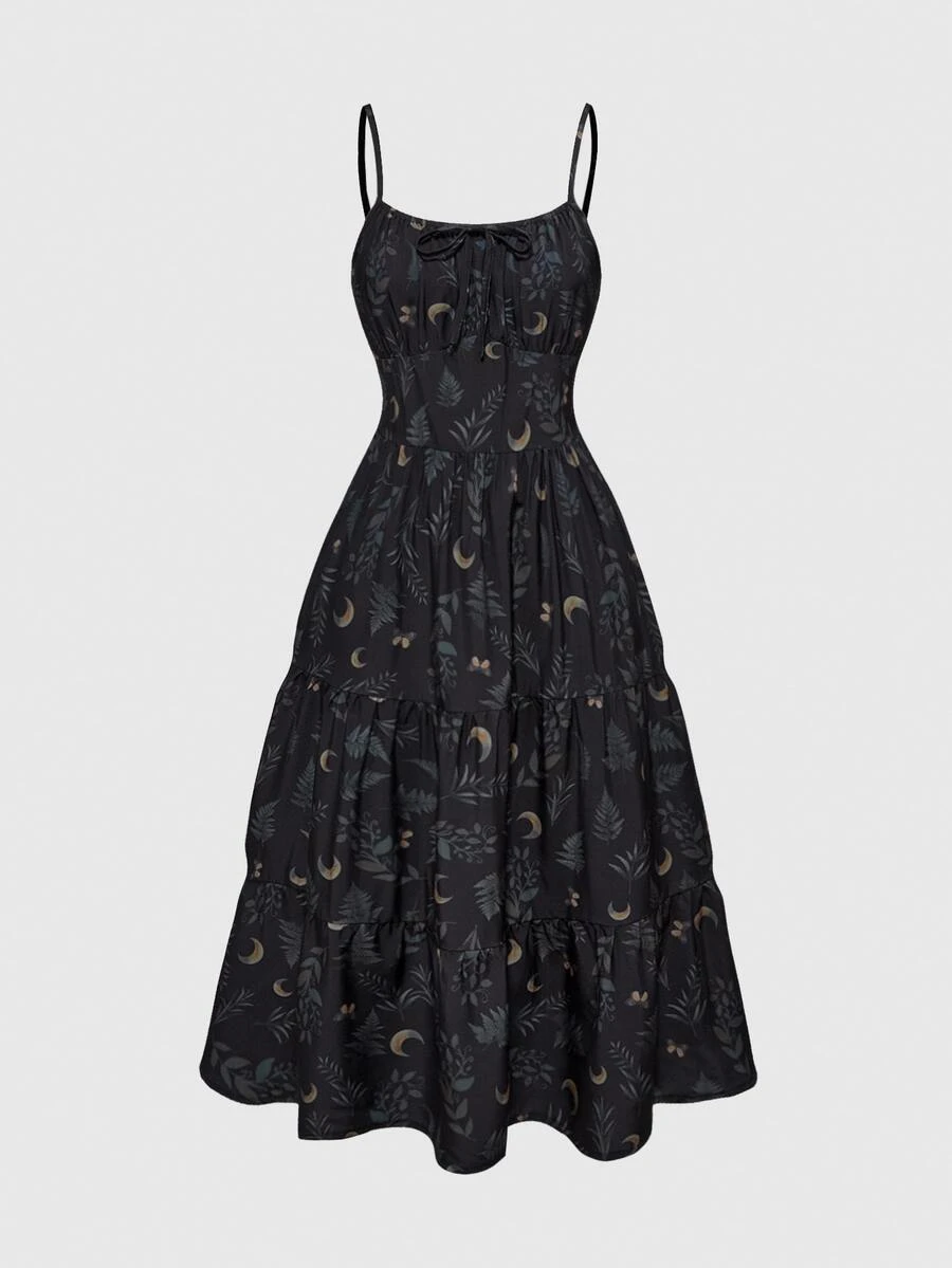 ROMWE Goth Spring/Summer Plus Size Women Summer Beach Bohemian Holiday Crescent Moon & Plant Vintage Full Print Sleeveless Dress - Black - View 1
