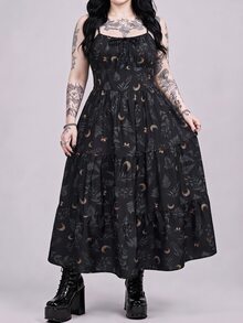 ROMWE Goth Gaun Tanpa Lengan Motif Bulan Sabit & Tanaman Vintage Gaya Bohemian untuk Liburan Pantai Musim Semi/Panas Wanita Ukuran Besar - Hitam - View 1