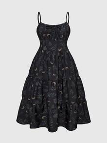 ROMWE Goth Gaun Tanpa Lengan Motif Bulan Sabit & Tanaman Vintage Gaya Bohemian untuk Liburan Pantai Musim Semi/Panas Wanita Ukuran Besar - Hitam - View 3