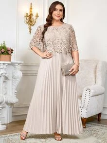 Reflora Plus Size Geometric Elegant Chiffon Pleated Summer Dress Wedding Formal Beige - Grey - View 1