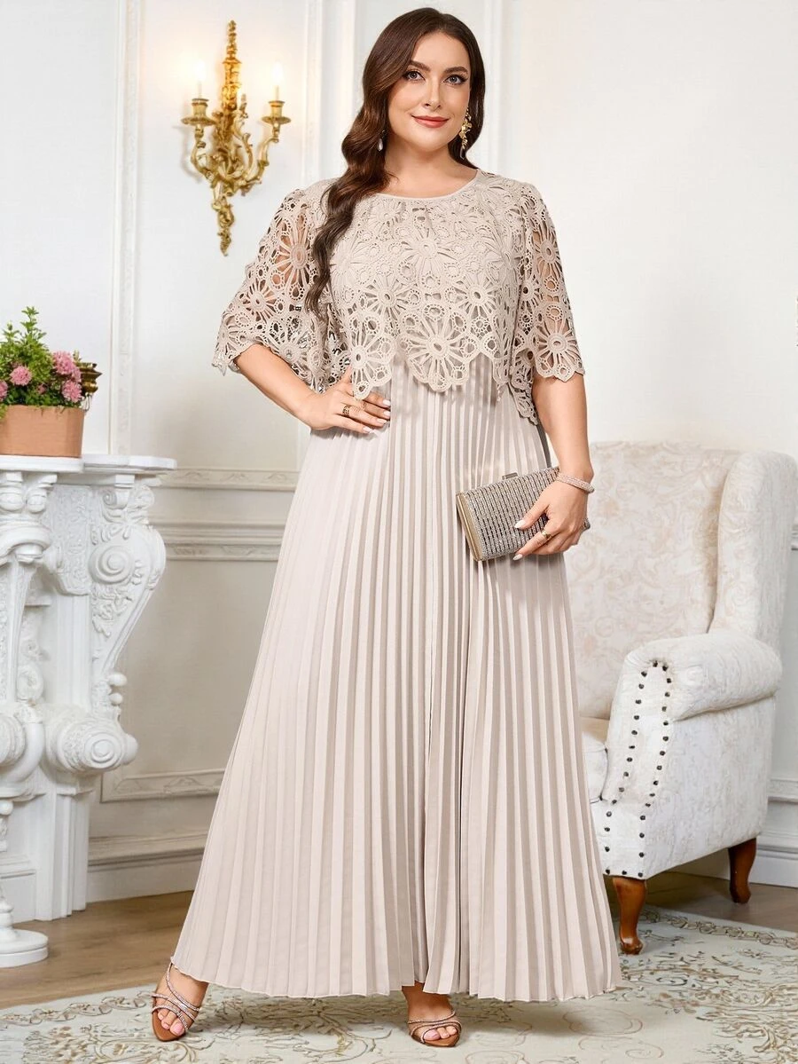 Reflora Plus Size Geometric Elegant Chiffon Pleated Summer Dress Wedding Formal Beige - Grey - View 1