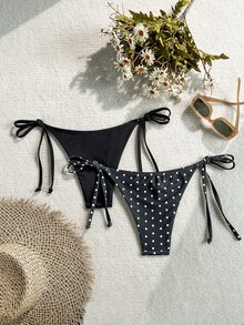 Swim Basics Women's Summer Beach Holiday Tie-Side Sexy Polka Dot Bikini Bottom - Black and White - View 2