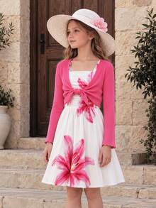 SHEIN Set Long Sleeve Tween Girl Cute Tropical Sophisticated High-End Dress Jacket Shawl Autumn Birthday Holiday Tea Party Pink Hot Pink Pink And White - Hot Pink - View 4