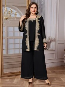 Reflora 大尺碼女款兩件套，黑色秋季優雅正式晚宴派對婚禮新年黑金緞帶雪紡外套與寬腿褲套裝 - 黑色 - 查看 6