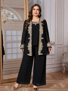 Reflora 大尺碼女款兩件套，黑色秋季優雅正式晚宴派對婚禮新年黑金緞帶雪紡外套與寬腿褲套裝 - 黑色 - 查看 7
