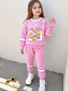 SpongeBob SquarePants | SHEIN GraphicGems 女童甜美紫色長袖運動衫與拼接配色慢跑長褲休閒套裝，適合春秋冬季，幼兒生日禮物 - 粉色 - 查看 1