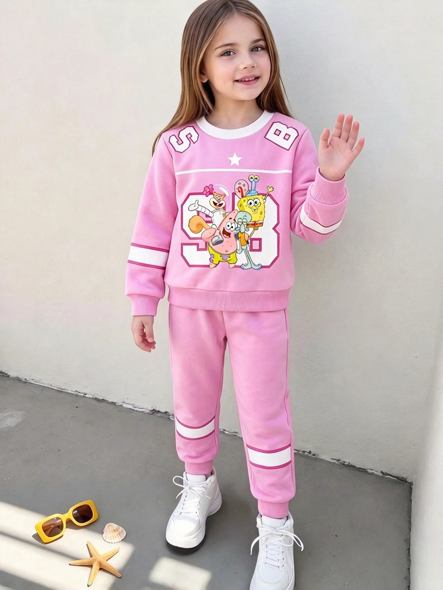 SpongeBob SquarePants | SHEIN GraphicGems 女童甜美紫色長袖運動衫與拼接配色慢跑長褲休閒套裝,適合春秋冬季,幼兒生日禮物 - 粉色 - 查看 1