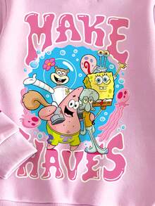 SpongeBob SquarePants | SHEIN GraphicGems 女童甜美紫色長袖運動衫與拼接配色慢跑長褲休閒套裝，適合春秋冬季，幼兒生日禮物 - 粉色 - 查看 5