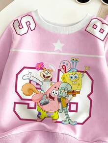 SpongeBob SquarePants | SHEIN GraphicGems 女童甜美紫色長袖運動衫與拼接配色慢跑長褲休閒套裝，適合春秋冬季，幼兒生日禮物 - 粉色 - 查看 4