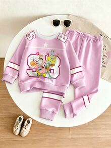 SpongeBob SquarePants | SHEIN GraphicGems 女童甜美紫色長袖運動衫與拼接配色慢跑長褲休閒套裝，適合春秋冬季，幼兒生日禮物 - 粉色 - 查看 3