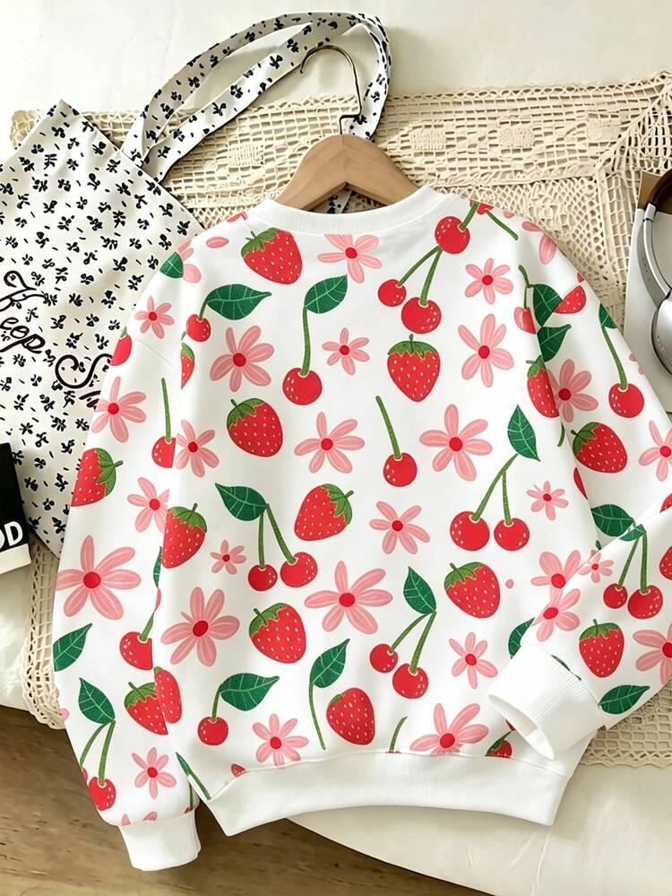 Back To School Christmas Autumn/Winter Cute Sweet Girls Sweatshirt, Strawberry Print Crew Neck Sweatshirt, Casual Top, American Vintage Cute Print, Versatile Autumn Girls Toddler Sweatshirt, Suitable For Girls 4Y-7Y - Multicolor - View 4
