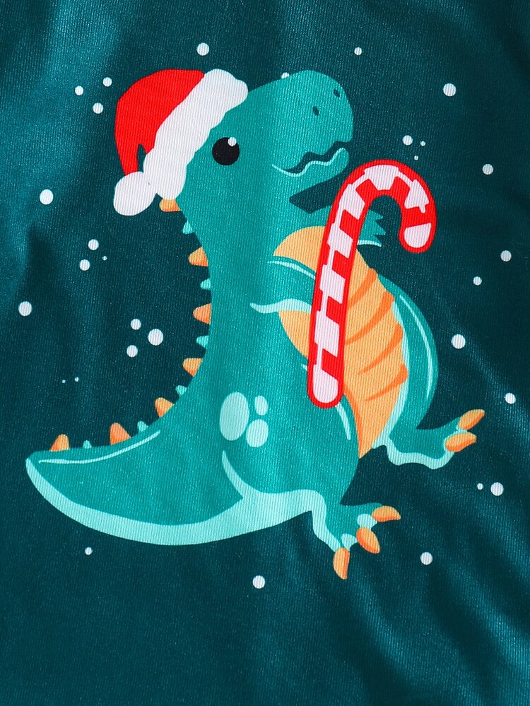 SHEIN Baby Boy Baby Girl Snug Fit Autumn/Winter Cartoon Dinosaur Pattern Ribbed Crew Neck Long Sleeve Top + Pajama Pants Soft Comfortable Snug Fit Sleepwear Home Loungewear Set 2pcs, Christmas, New Year, Pajama - Green - View 5