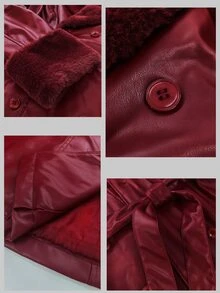 Auvina Lamb Wool & Leather Patchwork Cinched Waist Long Coat - Burgundy - View 4