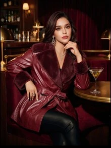 Auvina Lamb Wool & Leather Patchwork Cinched Waist Long Coat - Burgundy - View 1