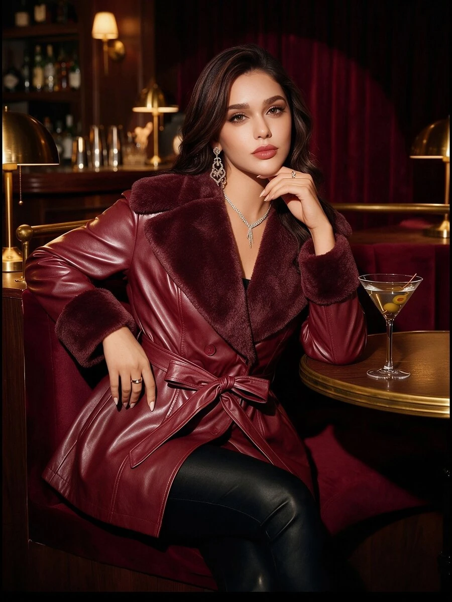 Auvina Lamb Wool & Leather Patchwork Cinched Waist Long Coat - Burgundy - View 1