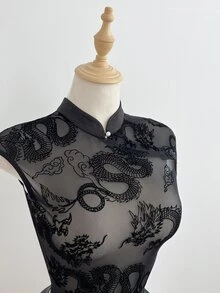 Elamini 女士优雅蕾丝吊带背心 - 黑色 - 查看 5