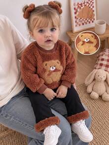 SHEIN Playful Pals Baby Girls Toddler Girl Top Pants Cute Sweet Brown Black Fuzzy Bear Patch Bow Ribbed Long Sleeve Round Neck Thick Party Winter Holiday Plush - Brown - View 9
