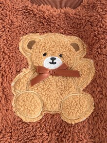 SHEIN Playful Pals Baby Girls Toddler Girl Top Pants Cute Sweet Brown Black Fuzzy Bear Patch Bow Ribbed Long Sleeve Round Neck Thick Party Winter Holiday Plush - Brown - View 13