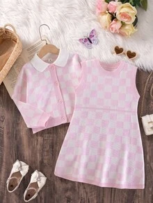Bộ váy len họa tiết kẻ caro và áo cardigan cho bé gái mùa đông - Hồng - Xem 3