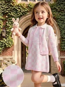 Bộ váy len họa tiết kẻ caro và áo cardigan cho bé gái mùa đông - Hồng - Xem 1