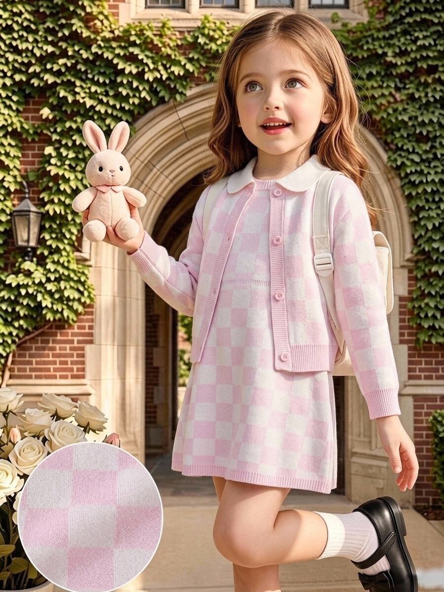 Bộ váy len họa tiết kẻ caro và áo cardigan cho bé gái mùa đông - Hồng - Xem 1