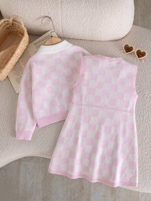 Bộ váy len họa tiết kẻ caro và áo cardigan cho bé gái mùa đông - Hồng - Xem 2