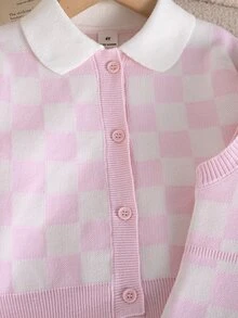 Bộ váy len họa tiết kẻ caro và áo cardigan cho bé gái mùa đông - Hồng - Xem 5