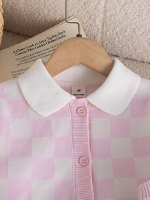 Bộ váy len họa tiết kẻ caro và áo cardigan cho bé gái mùa đông - Hồng - Xem 6