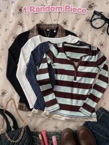 Teen Girl Plaid Print Contrast Collar 2 In 1 Tee - Black - View 5