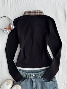 Teen Girl Plaid Print Contrast Collar 2 In 1 Tee - Black - View 2