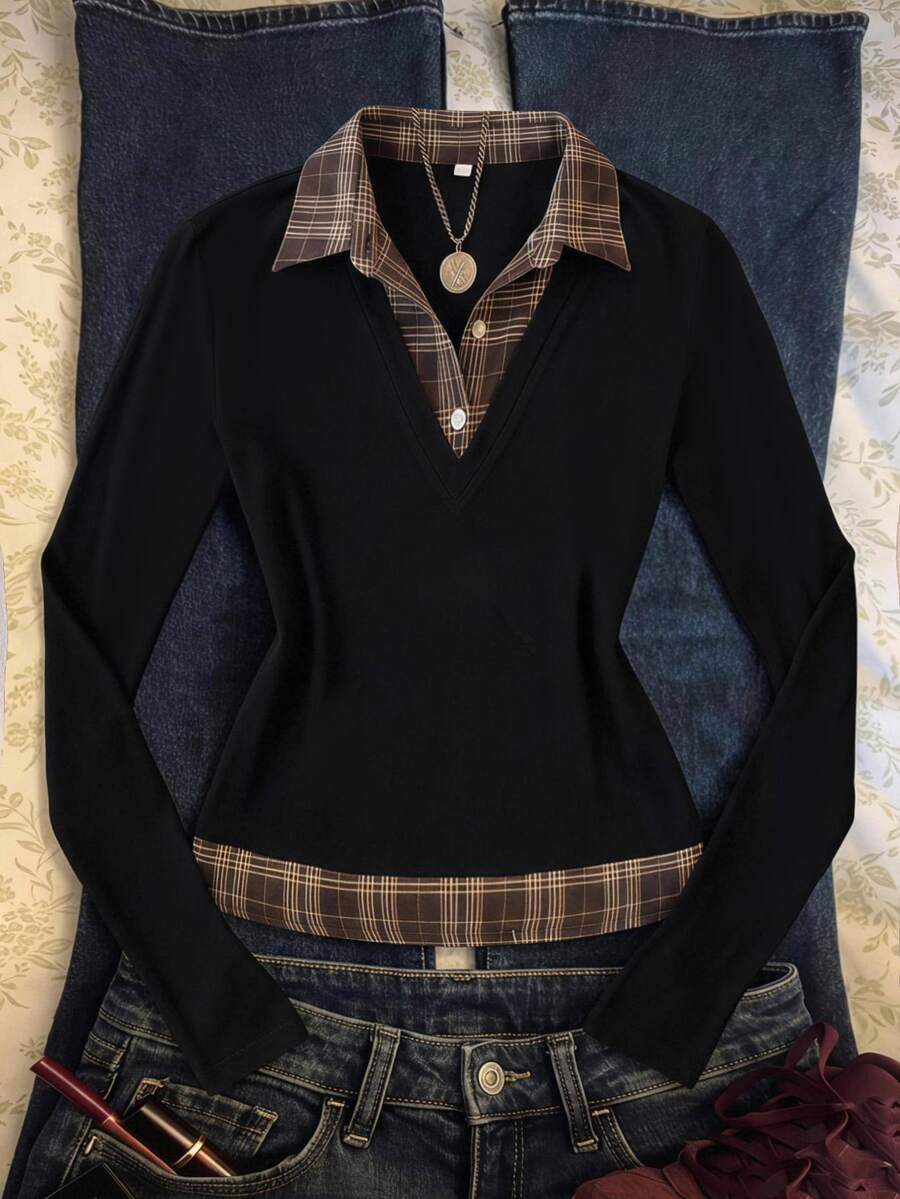 Teen Girl Plaid Print Contrast Collar 2 In 1 Tee - Black - View 1