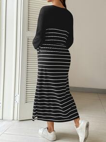SHEIN Maternity Round Neck Colorblock Striped Pattern Fashion Casual Dress - Black and White - View 8