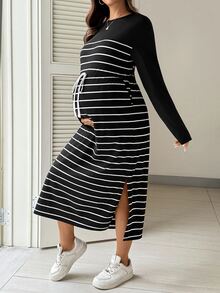 SHEIN Maternity Round Neck Colorblock Striped Pattern Fashion Casual Dress - Black and White - View 6