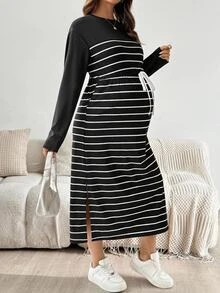 SHEIN Maternity Round Neck Colorblock Striped Pattern Fashion Casual Dress - Black and White - View 1