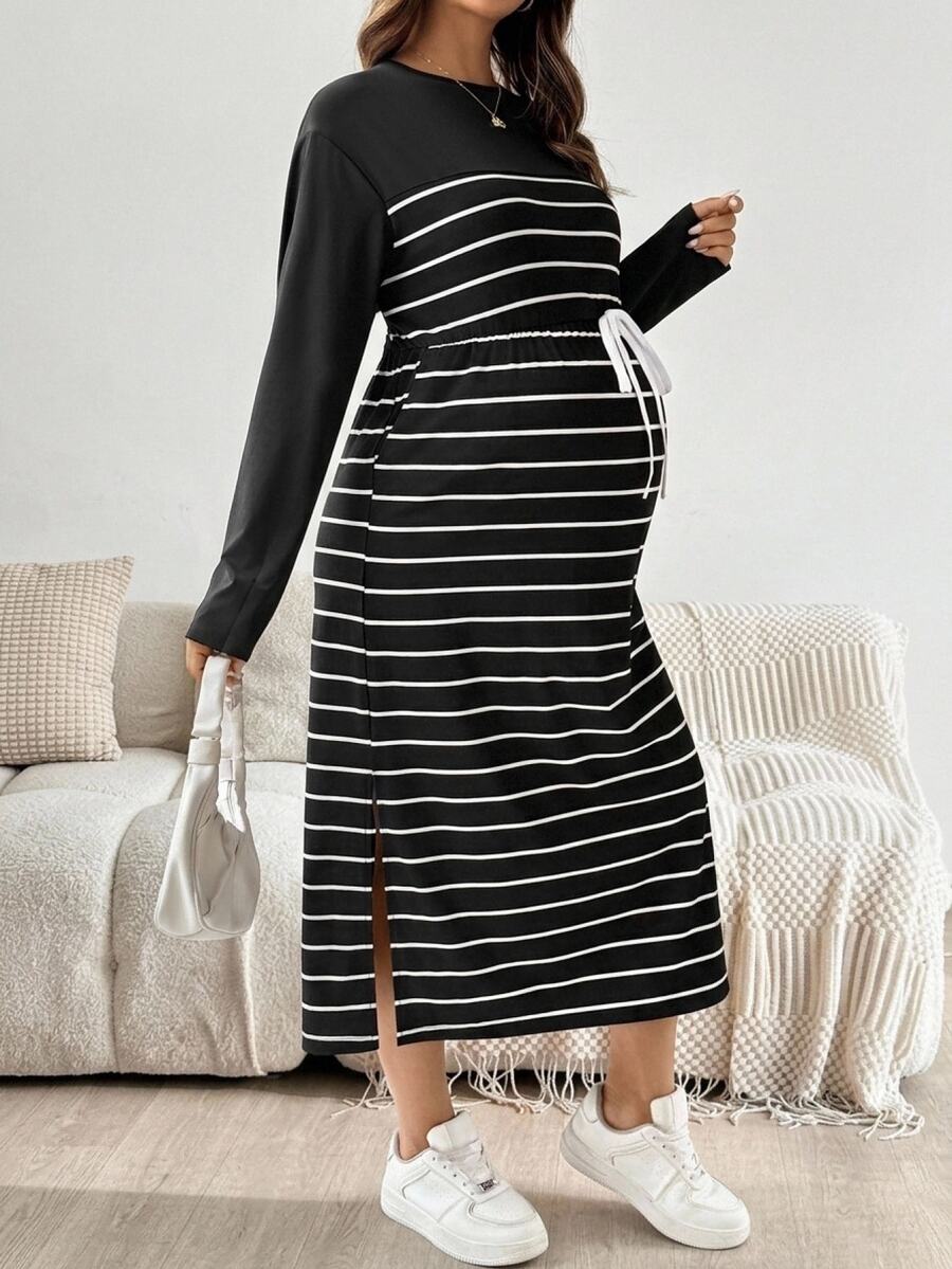 SHEIN Maternity Round Neck Colorblock Striped Pattern Fashion Casual Dress - Black and White - View 1