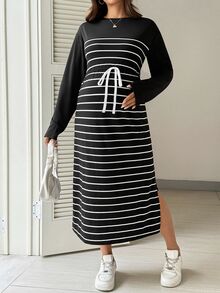 SHEIN Maternity Round Neck Colorblock Striped Pattern Fashion Casual Dress - Black and White - View 7