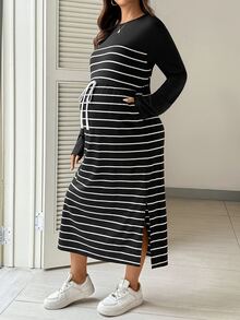 SHEIN Maternity Round Neck Colorblock Striped Pattern Fashion Casual Dress - Black and White - View 3