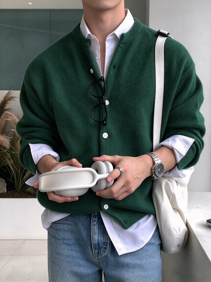 Manfinity CasualKnits 男士深綠色針織開襟衫,秋冬粗針純色都會時尚休閒款,適合丈夫,正式半正式度假穿搭,街頭風,登山防風外套 - 綠色 - 查看 1