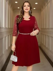 Reflora Plus Size Solid Color Short Sleeve Dress, Fashionable For Summer Fall - Burgundy - View 2