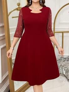 Reflora Plus Size Solid Color Short Sleeve Dress, Fashionable For Summer Fall - Burgundy - View 6