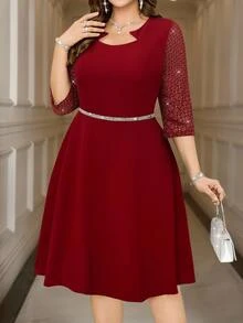 Reflora Plus Size Solid Color Short Sleeve Dress, Fashionable For Summer Fall - Burgundy - View 8