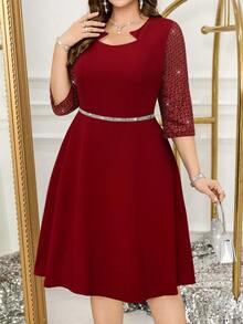 Reflora Plus Size Solid Color Short Sleeve Dress, Fashionable For Summer Fall - Burgundy - View 7